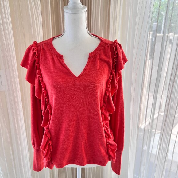 Anthropologie Pilcro Popover Ruffles Top Sweater V Neck Coral Color size S - Picture 2 of 8
